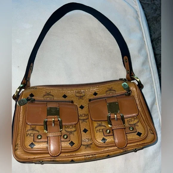 MCM Cognac Visetos Pocket Satchel Brown Handbags and Purses Leather Shoulder Bag